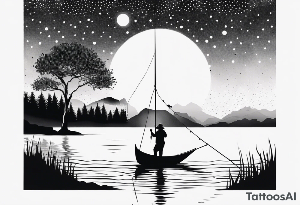 landscape and fishingpole and line with hook tattoo idea