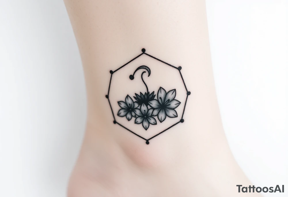 Hexagon with a Leo constellation, larkspur and water lilies in the center tattoo idea