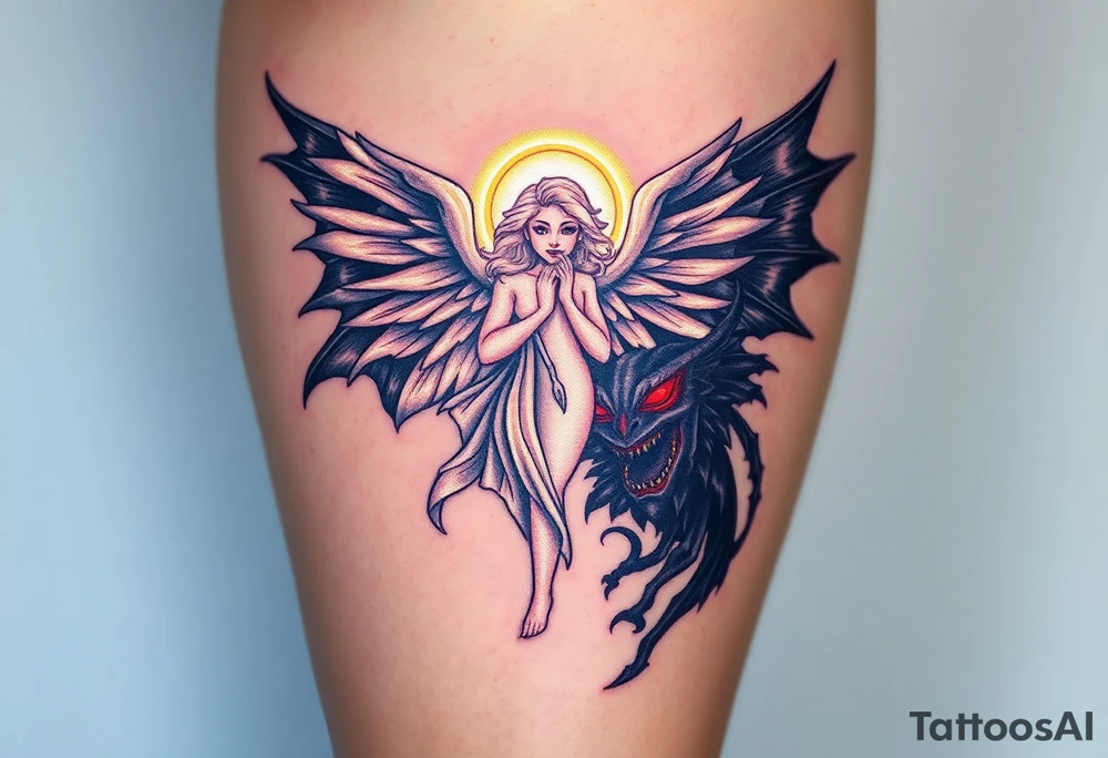 A radiant angel, with soft white wings and a glowing halo, surrounded by light, juxtaposed against a dark demon, with jagged black wings and fiery red eyes, symbolizing the ultimate conflict between good and evil. tattoo idea