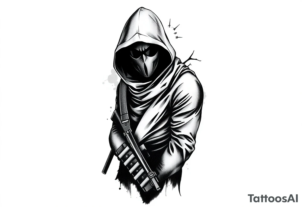 Minimalist covert operative symbolism representing loyalty and survival, faceless soldier silhouette emerging from darkness, torn fabric, subtle scars, controlled posture, black and grey realism, emotional restraint, understated strength, tattoo sleeve element. tattoo idea