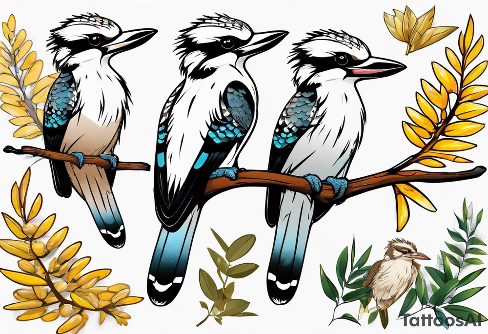 kookaburra sitting on wattle leaves tattoo idea