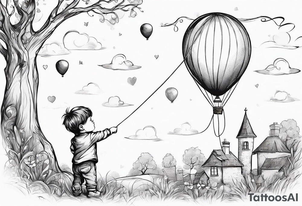 tatoo in sketch style only.
A little boy is holding a string to the hearth shaped small party baloon.
boy should be drawed from behind and has one hand reaching up in 45 degree angle and holding the baloon string
On the string is a wave which look like a hearbeat pulse.
draw it without any scenery, without any background. Just a boy tattoo idea
