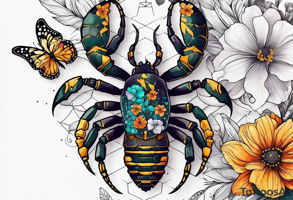 Large scorpion with a skull, flowers, and butterflies tattoo idea