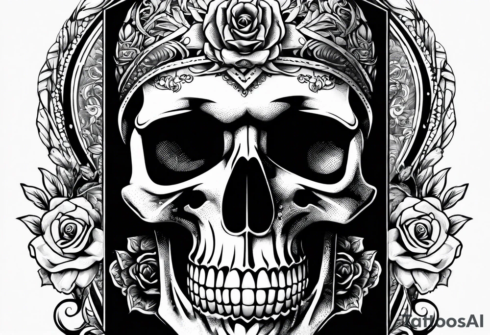 skull sleeve tattoo with memento mori written on it tattoo idea