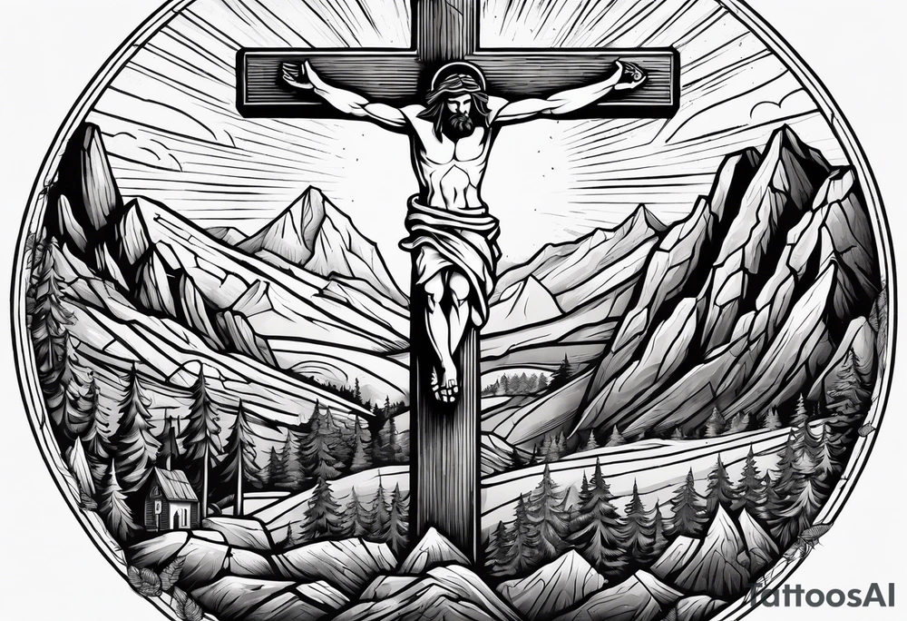 hand reaching through the cross of Christ holding a man on the other side in the mountains tattoo idea