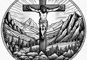 hand reaching through the cross of Christ holding a man on the other side in the mountains tattoo idea