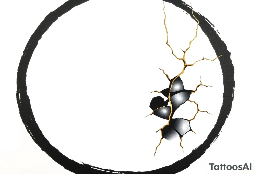 A Japanese‑inspired tattoo of a thick Zen ensō circle, drawn with a bold, hand‑painted black ink brushstroke. The circle is imperfect and organic, with visible texture and subtle variation in line thickness. About the last quarter of the circle, near the top‑right, transforms into a cracked ceramic segment that has been repaired using kintsugi: visible broken pieces outlined and joined by thin, flowing gold lines. There should be a couple big pieces rather than lots of small ones. The gold seams follow the natural fractures of the ceramic section, creating several branching cracks rather than a single line, clearly distinguishing this repaired portion from the rest of the smooth ink circle. The transition from ink to ceramic should feel natural, as if the painted circle solidifies into a fragile object that has been lovingly mended. Keep the interior of the circle empty, with a clean white background and no extra symbols or text. Design it as a black and gray tattoo with a subtle metallic gold effect on the kintsugi seams, suitable for a medium‑sized placement on the back of the bicep. tattoo idea
