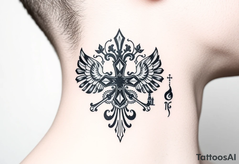 russian coat arms in a russian christian orthodox cross with the cross in the middle with a virgin mary & orthodox dome church on the side of the neck tattoo idea
