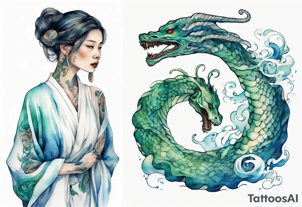 a sea serpent next to a women with blue-green in a white tunic tattoo idea