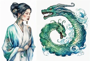 a sea serpent next to a women with blue-green in a white tunic tattoo idea