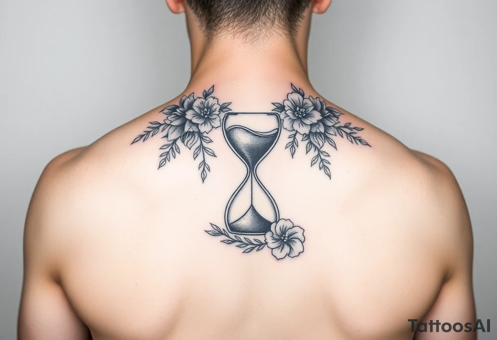 A full back tattoo with soft florals at the top. In the middle, there’s an hourglass. And below it is soft, florals, connecting to the flowers at the top. tattoo idea