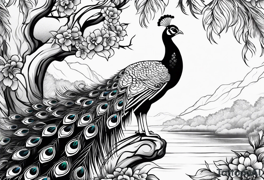 peacock along side a river tattoo idea