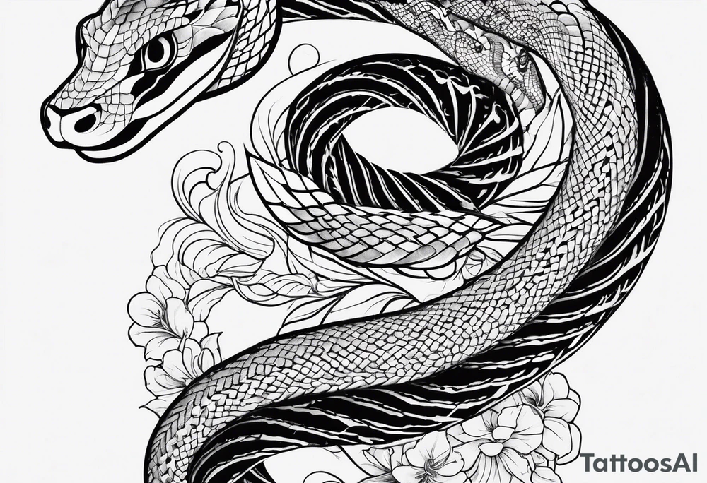 Double head snake tattoo for placement along the spine in japanese style to symbolise a journey of healing and transformation with reference to being a twin tattoo idea