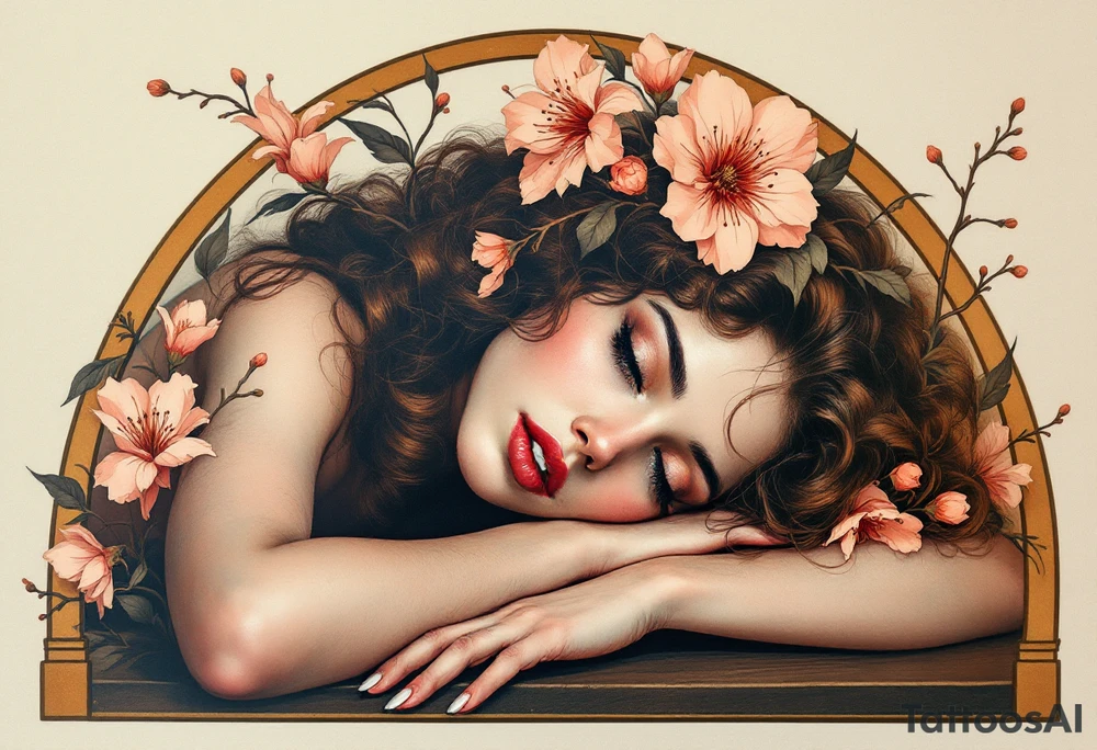 Alfons Mucha’s romantic portrait of a woman with chestnut curls, resting beneath an arched frame of bronze and peach blossoms. tattoo idea