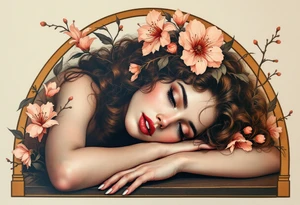 Alfons Mucha’s romantic portrait of a woman with chestnut curls, resting beneath an arched frame of bronze and peach blossoms. tattoo idea