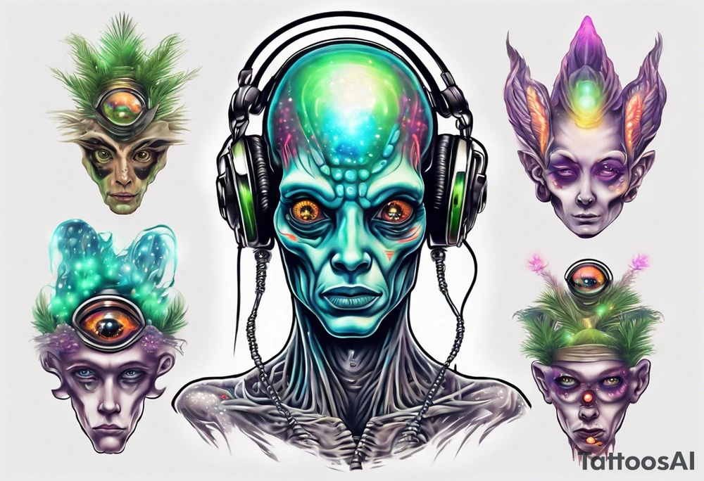 A realistic portrait of an extraterrestrial DJ with a glowing pineal gland tattoo idea