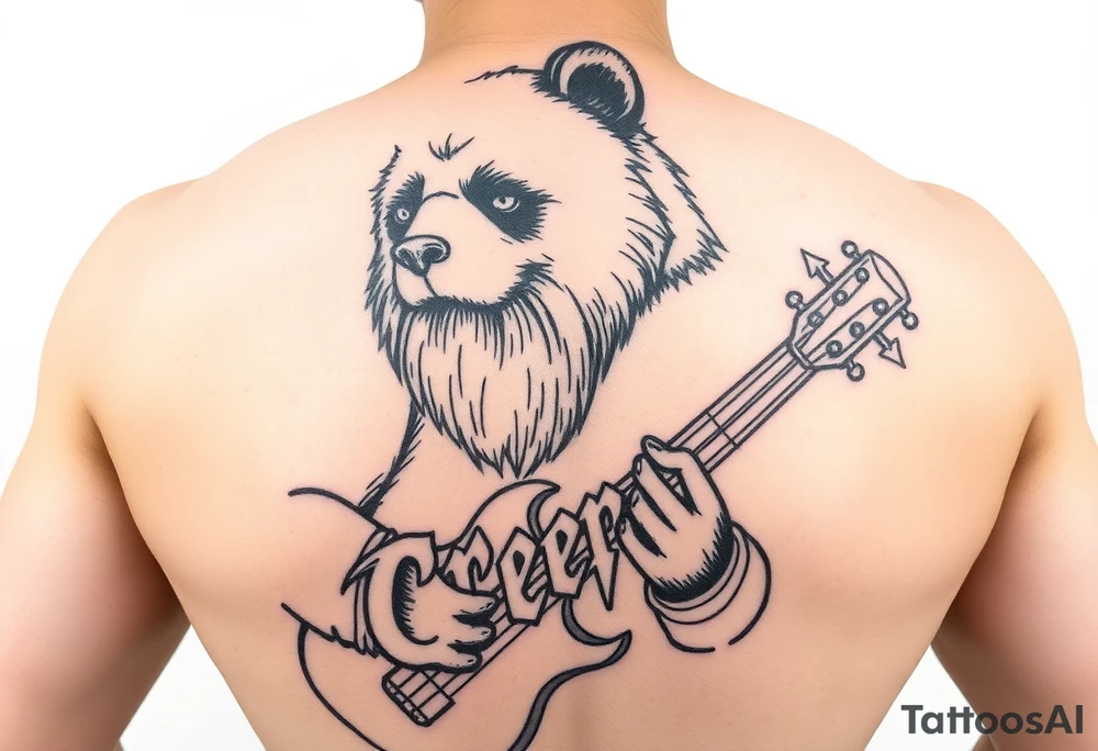 Wrestler, bass playing, tattooed, bearded panda bear with the word creeper in metal band font tattoo idea