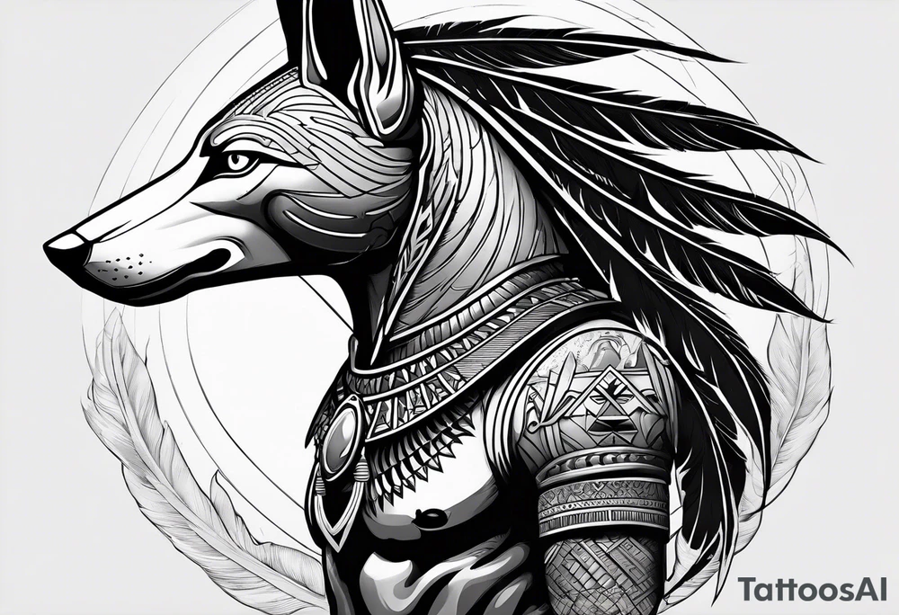 Egyptian style scary anubis god weighing the feather and the heart more realistic tattoo idea
