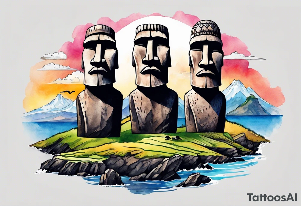 Four Easter island heads on an island landscape with hawks circling above tattoo idea