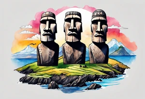 Four Easter island heads on an island landscape with hawks circling above tattoo idea