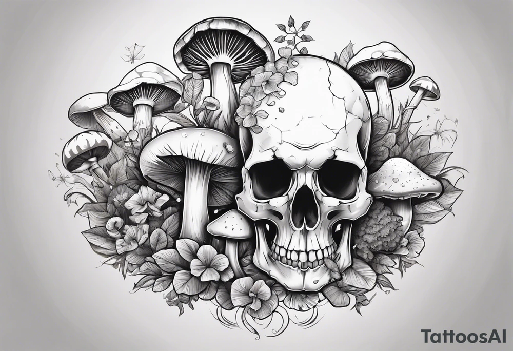 skull and mushrooms tattoo idea