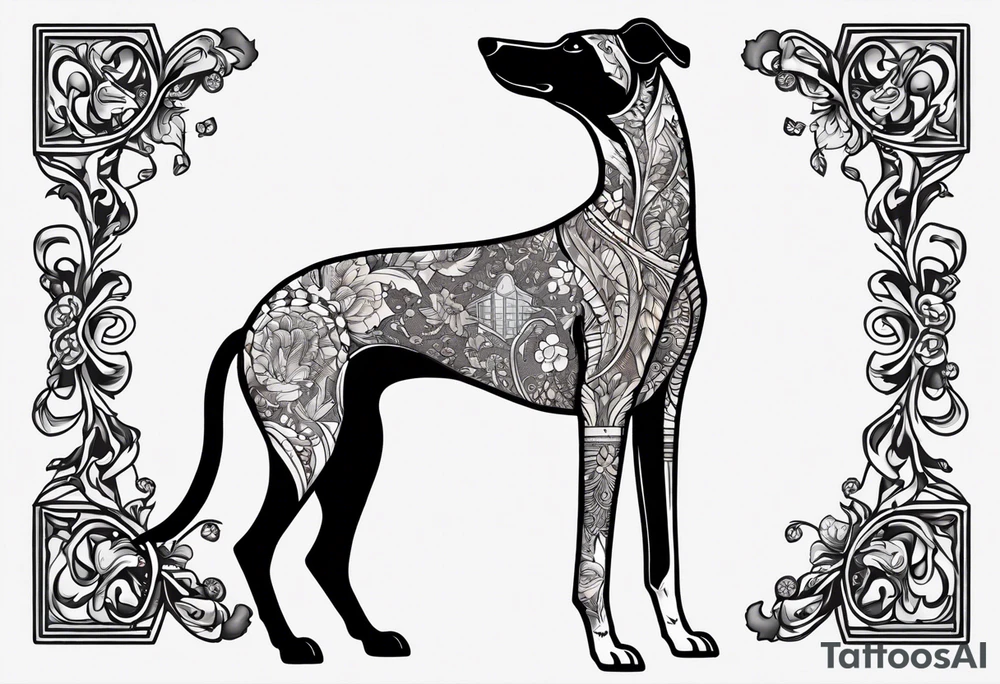 Punk greyhound standing on hind legs wearing leather jacket tattoo idea
