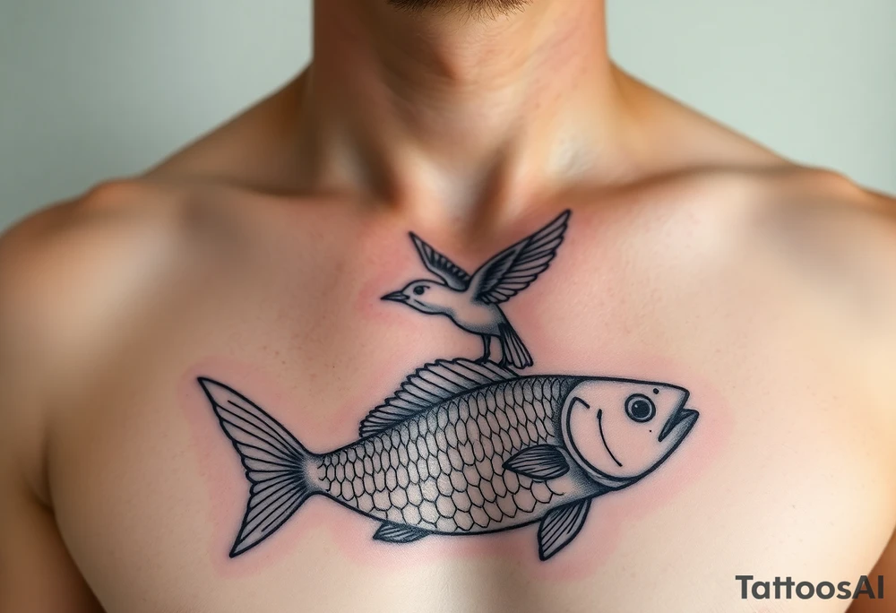 small  minimal fine line bird and fish tattoo, for chest, man. not many details. a lot of black color tattoo idea