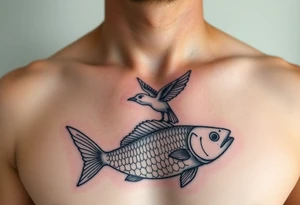 small  minimal fine line bird and fish tattoo, for chest, man. not many details. a lot of black color tattoo idea