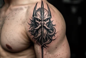 close-up non-violant poseidon behind a trident tattoo idea