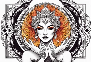 Woman holding fiery ball of divinity in hands over her head tattoo idea