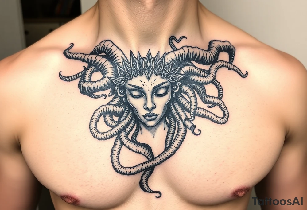 A Beautiful feminine sexy Medusa chest peice Black and white with shading, realistic tattoo idea