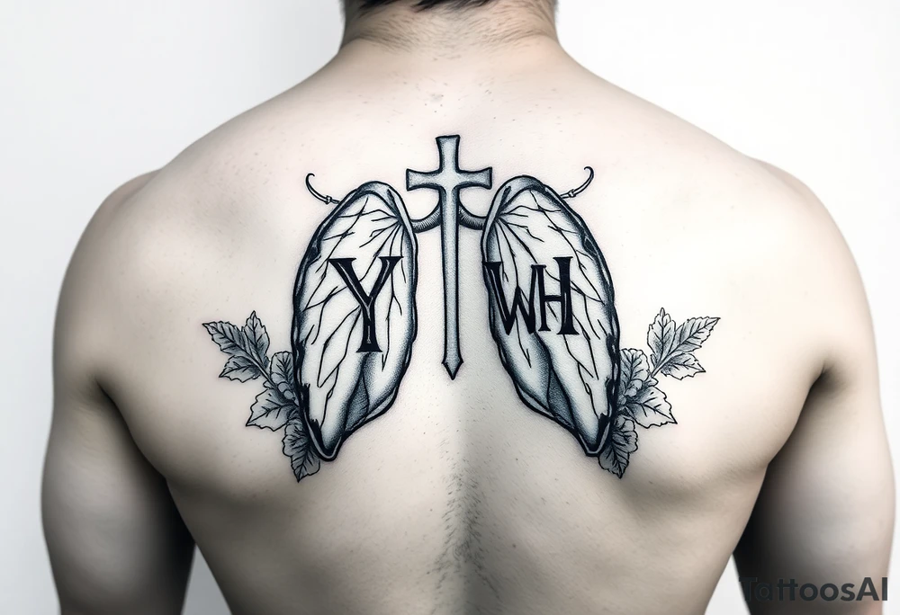 Initials YH WH in lungs with cross and grape vines tattoo idea