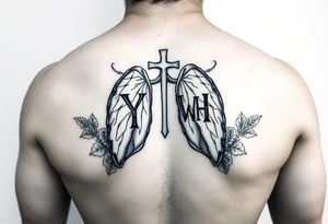 Initials YH WH in lungs with cross and grape vines tattoo idea