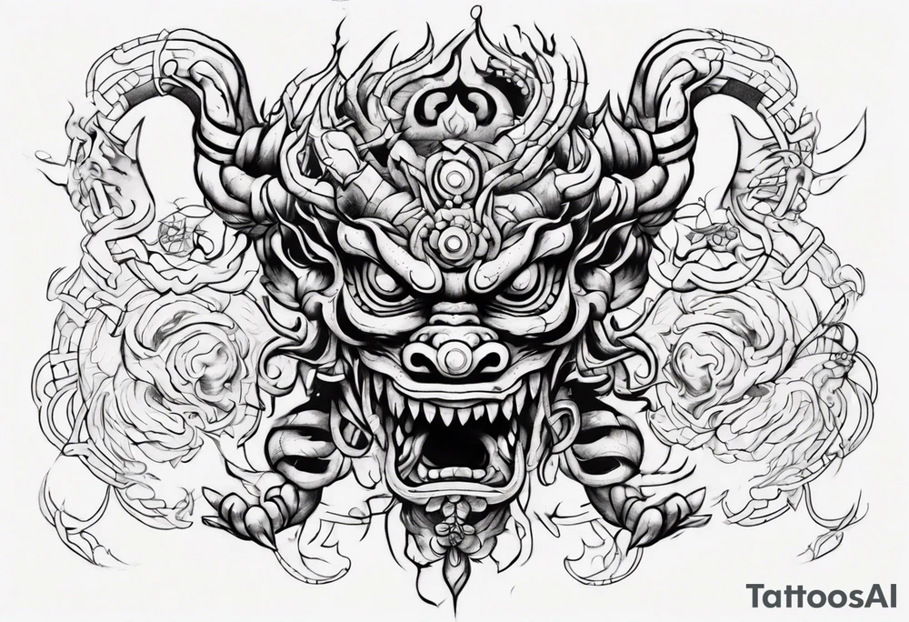 Hindu monster with connecting lines going out of it tattoo idea