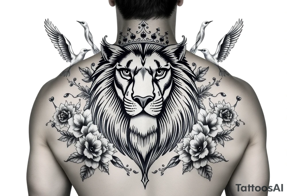 powerful majestic lion with a crown, surrounded by floral ornaments and birds tattoo idea
