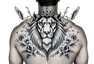 powerful majestic lion with a crown, surrounded by floral ornaments and birds tattoo idea