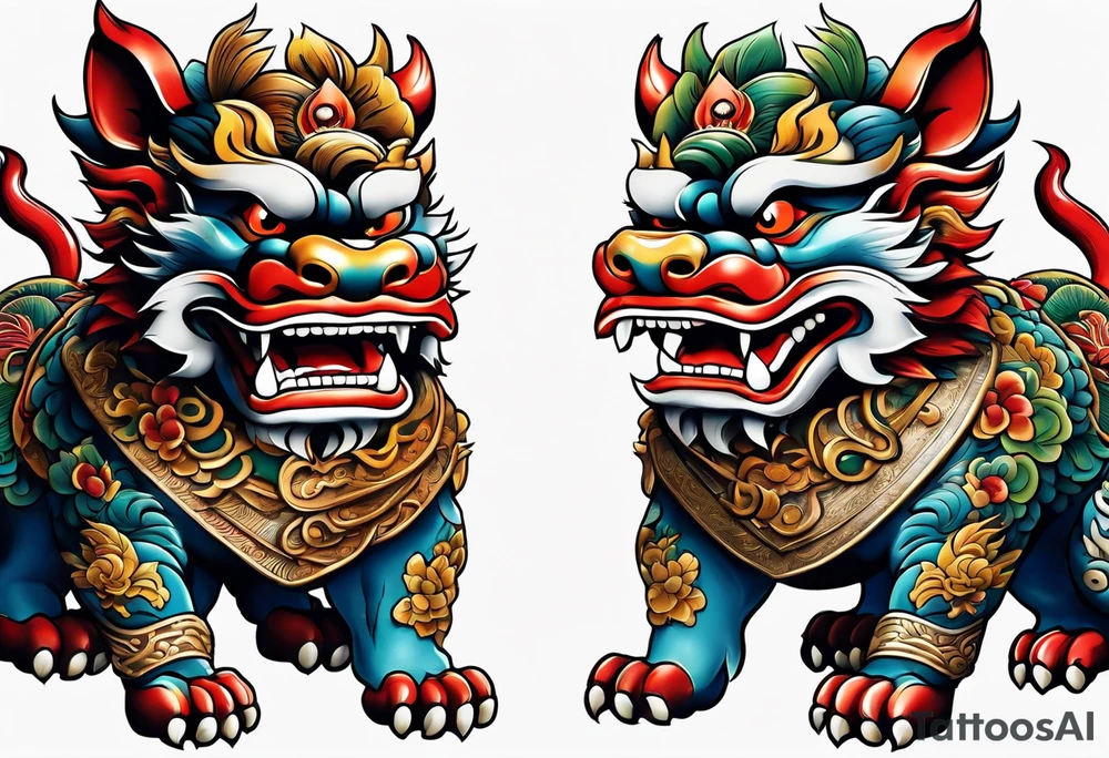Pair of traditional Okinawa shisa, one has their mouth closed, the other with their mouth open tattoo idea