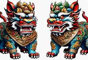 Pair of traditional Okinawa shisa, one has their mouth closed, the other with their mouth open tattoo idea