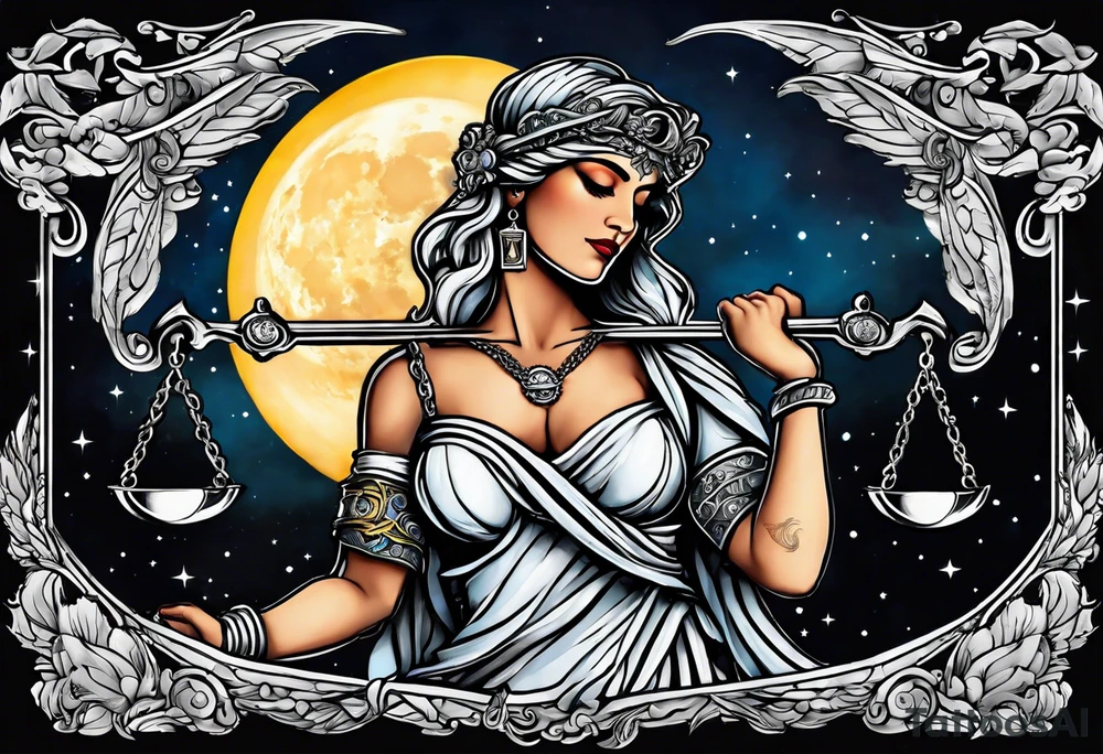 Themis holding the scales of justice while blindfolded with a moon in the background in color tattoo idea