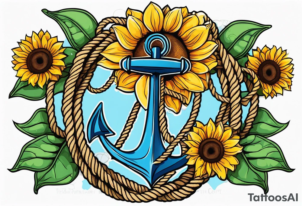 Anchor, wrapped in rope, with sunflowers intertwined throughout, thigh tattoo tattoo idea