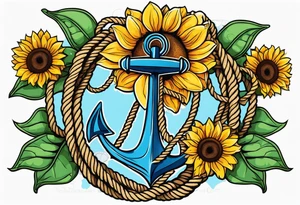 Anchor, wrapped in rope, with sunflowers intertwined throughout, thigh tattoo tattoo idea