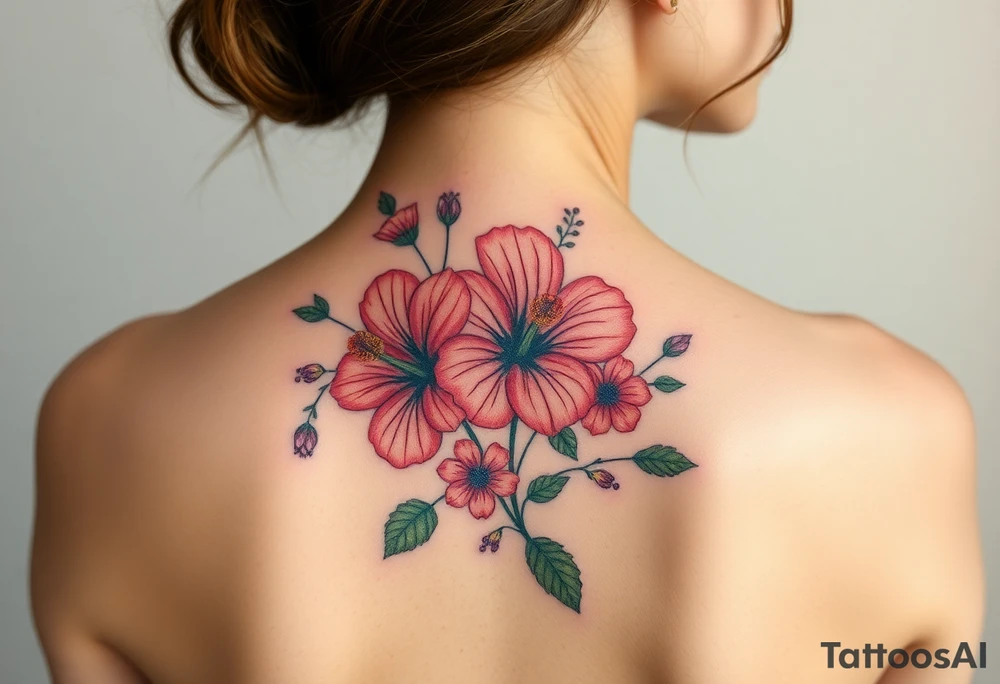 vintage bouquet of wild hibiscus
 and meadow flowers with morning dew tattoo idea