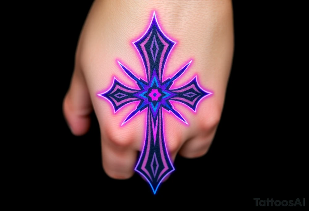 A sleek cyberpunk Maltese cross with neon blue and violet glowing outlines, giving it a futuristic aesthetic tattoo idea