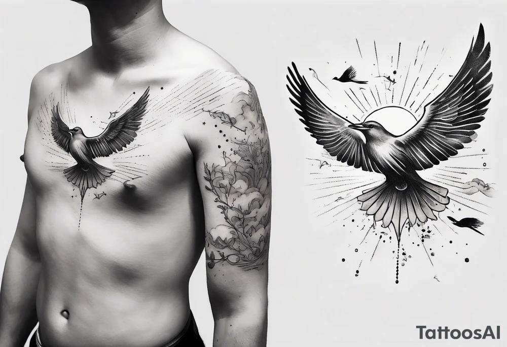 a shoulder tattoo with rays of light, clouds and birds flying free tattoo idea