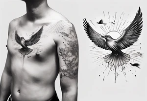 a shoulder tattoo with rays of light, clouds and birds flying free tattoo idea