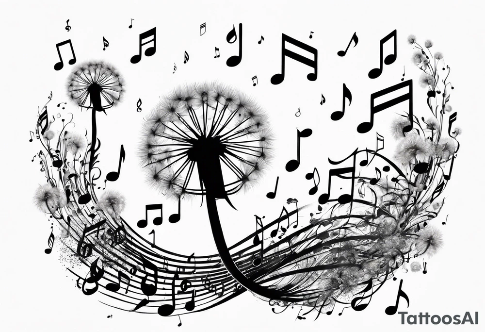Dandelion puff breaking off into music notes tattoo idea