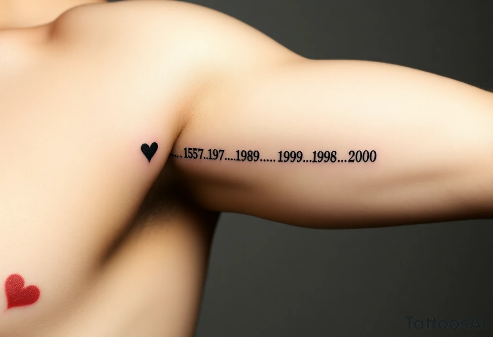 Top Line: The parent's birth year (1957) will be at the top, centered.  A small heart will be placed either directly beside it or slightly above it.
 * Timeline Line: A faint, dotted line will extend horizontally from the parent's year, representing the timeline.
 * Children's Years: Four birth years (1980, 1989, 1998, 2000) will be placed below the dotted line, evenly spaced.
Visualizing It:
Imagine it like this:
          1957 <3 
    .......................
    1980   1989   1998   2000 tattoo idea