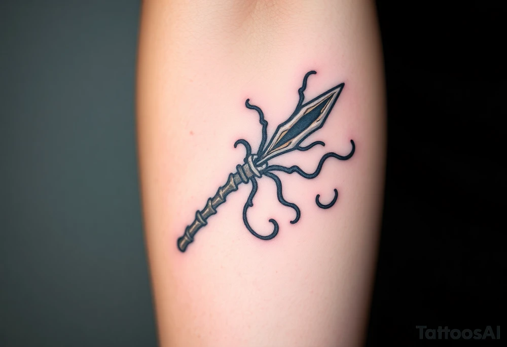 A Death Eater wand with a bone-like structure, emitting dark magical tendrils tattoo idea