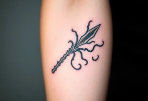 A Death Eater wand with a bone-like structure, emitting dark magical tendrils tattoo idea