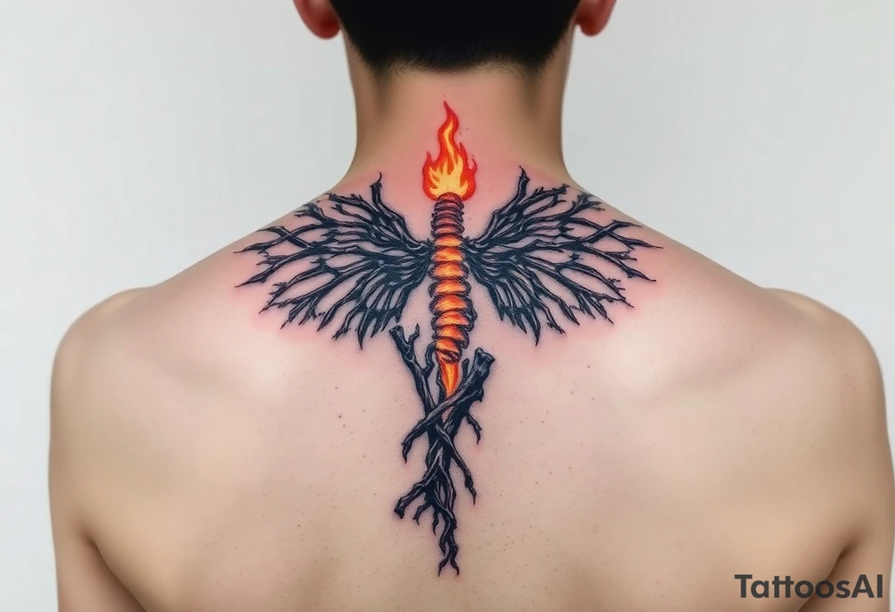 1. “Burnt Offerings”
Theme: Healing through destruction.
Visual: Charred tree roots climbing up your spine, turning into flames halfway, then slowly transforming into skeletal wings—unfinished, like you stopped mid-rebirth. The middle of the spine glows dimly, like coals never fully put out.
Vibe: You survived, but not clean. You carry the burn.
Make it feminine tattoo idea